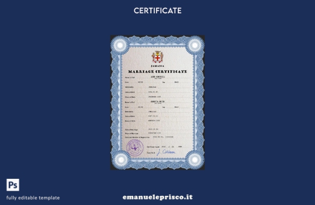 modello PSD di certificato di matrimonio giamaicano in stile verificato